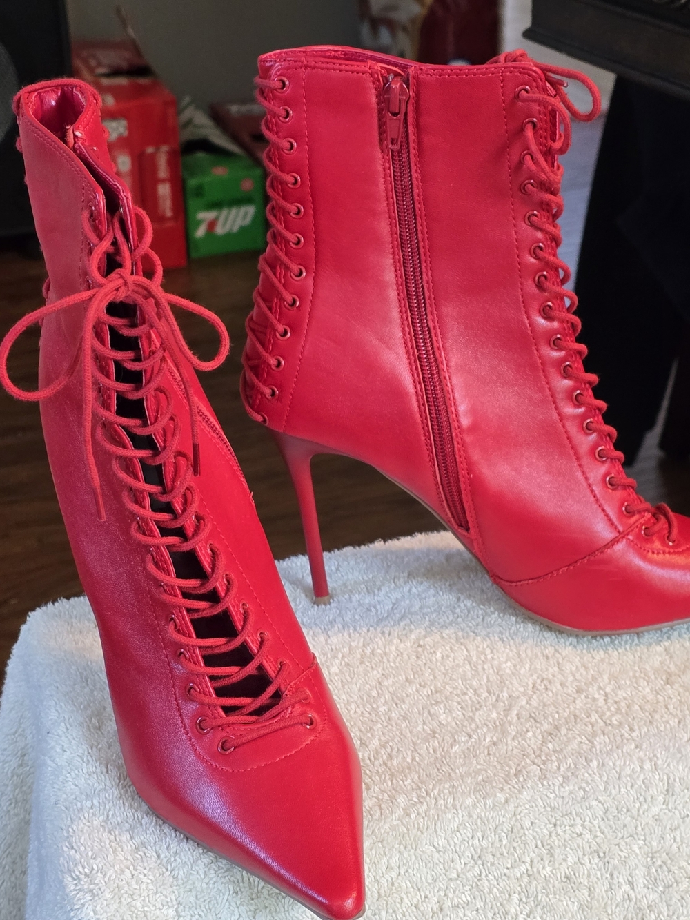 Red Lace-Up Stiletto Ankle Boots - Women's Fashion Boots